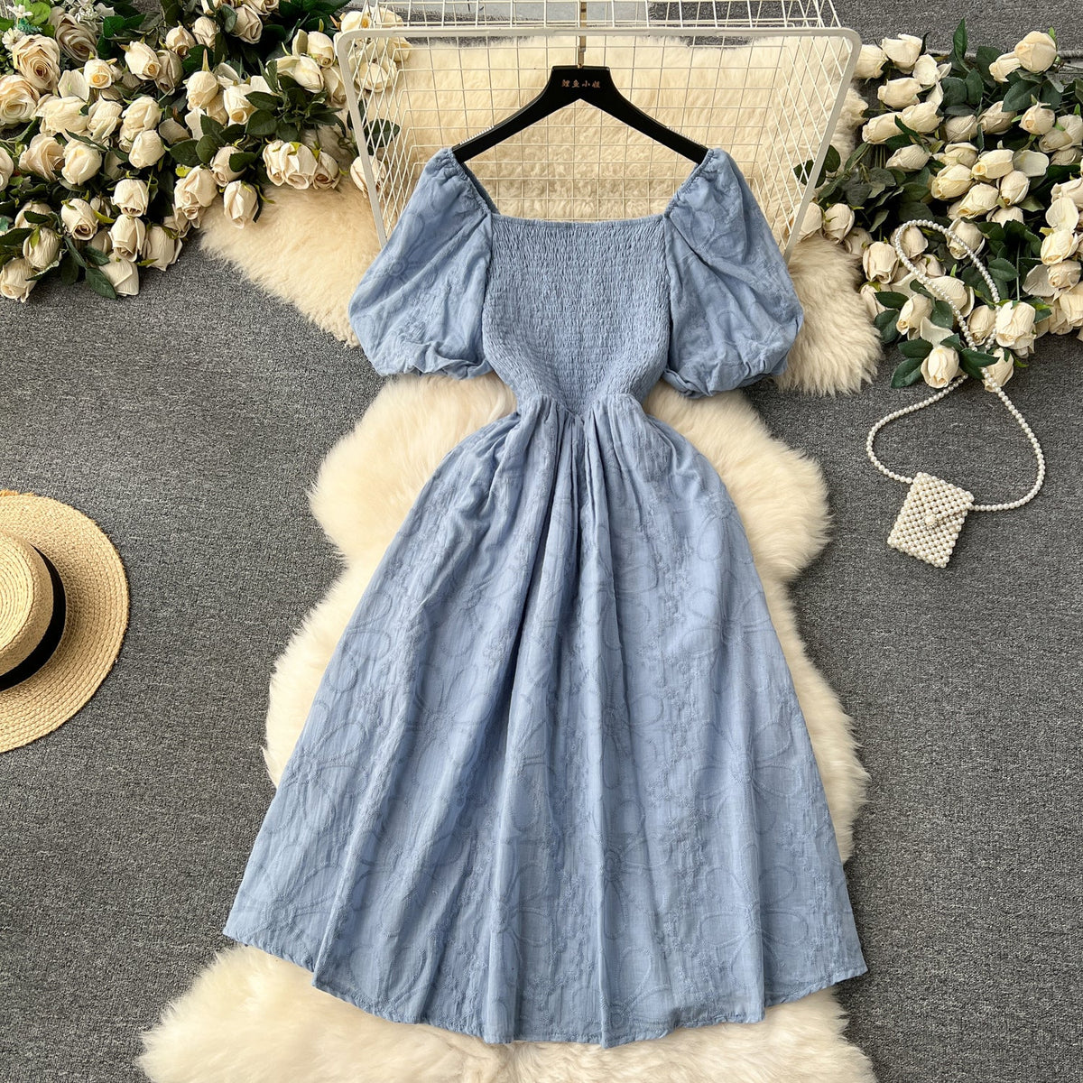 Bohemia Flared Sleeve Stretchy Embroidered Dress