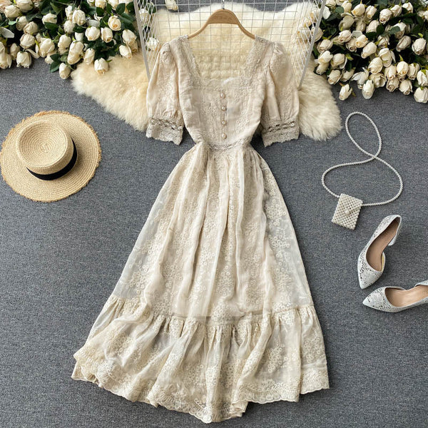 Courtly Embroidered Ruffle Lace Dress
