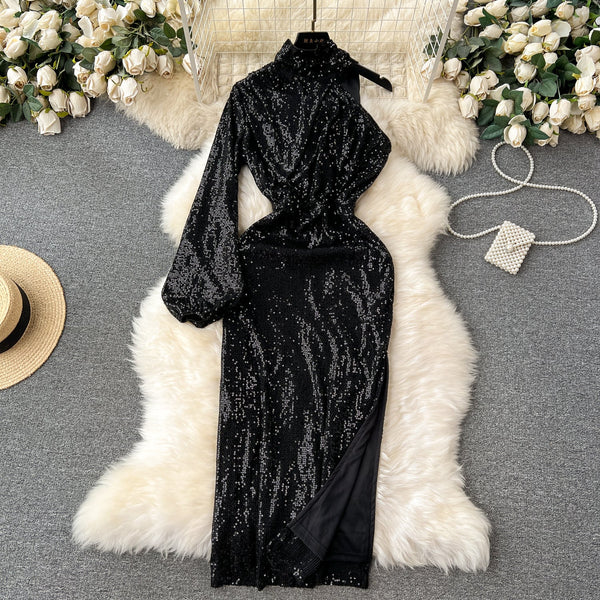 Glossy One-shoulder Sequined Halter Dress