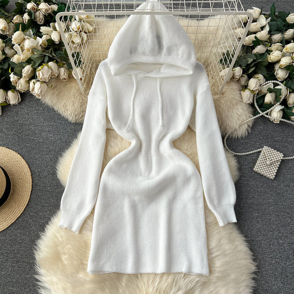 Hooded Drawstring Stretchy Knitted Dress