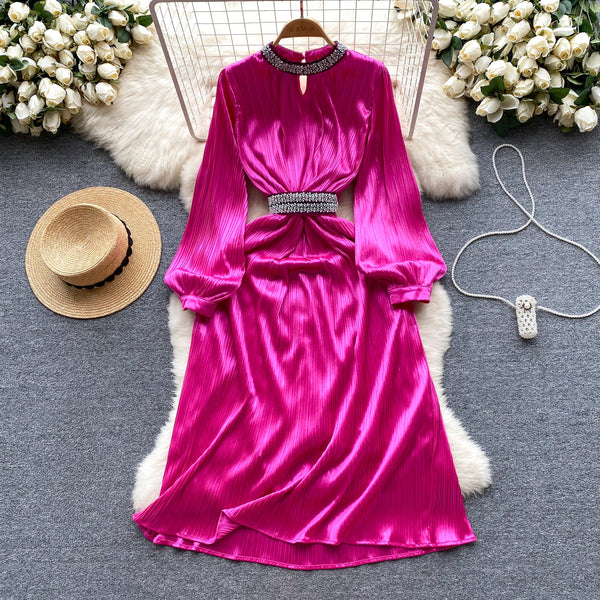 Stand Collar Beaded Stain Dress