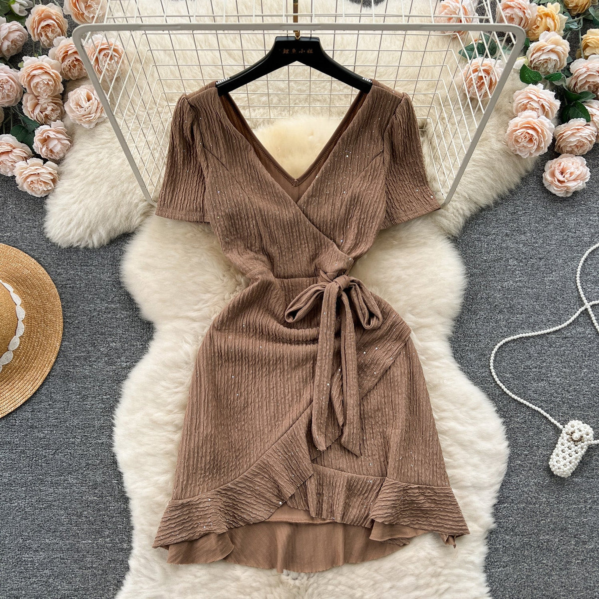 Sweetie V-neck Lace-up Ruffled Dress