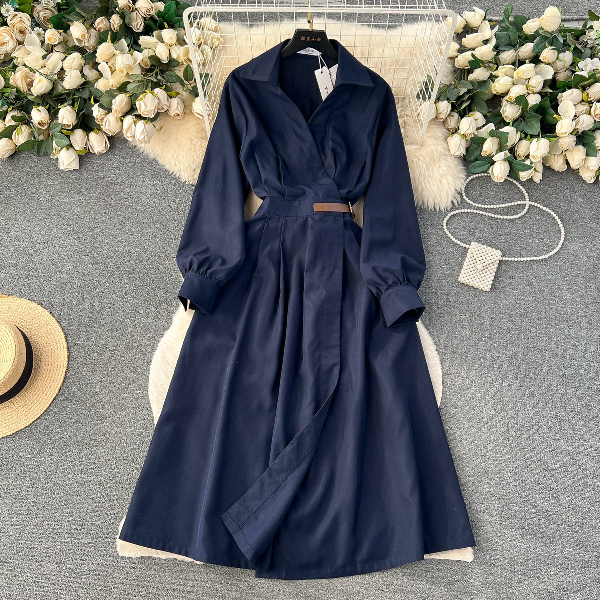 Elegant Solid Color Pleated Trench Dress