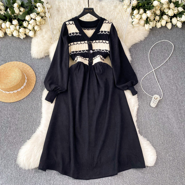 Vintage Striped Knit Patchwork Corduroy Dress