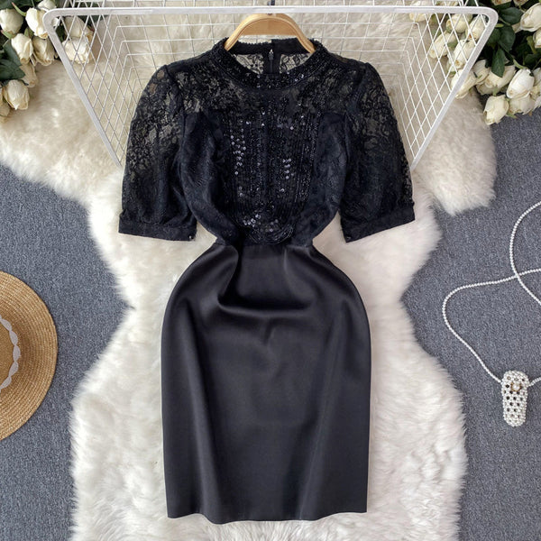 Elegant Lace Patchwork Beaded Dress