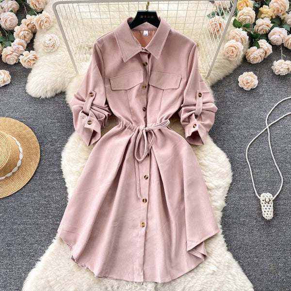 Irregular Design Lapeled Lace-up Shirt Dress