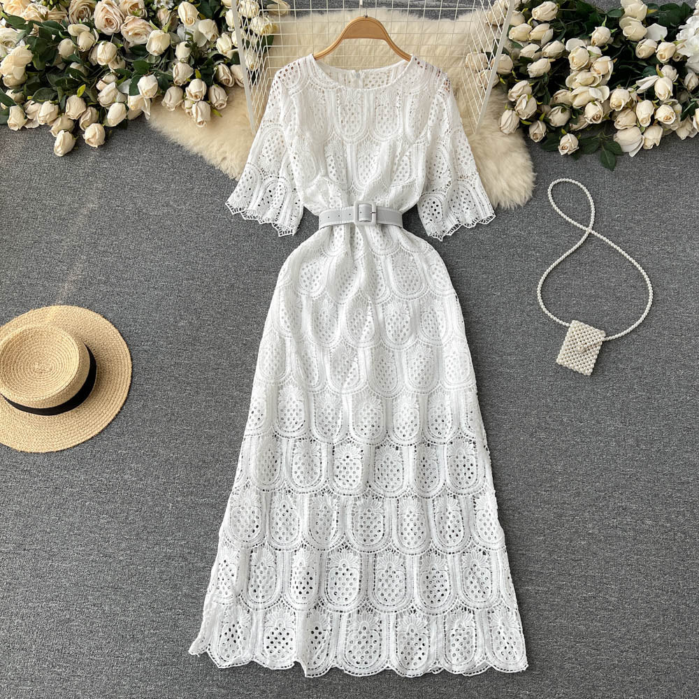 Crochet Lace Hollowed Long-sleeve Dress