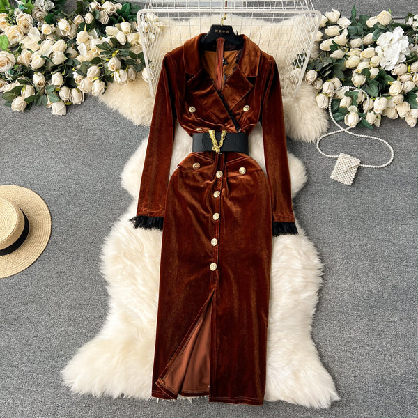 Vintage Gold Velvet Suit Collar Dress