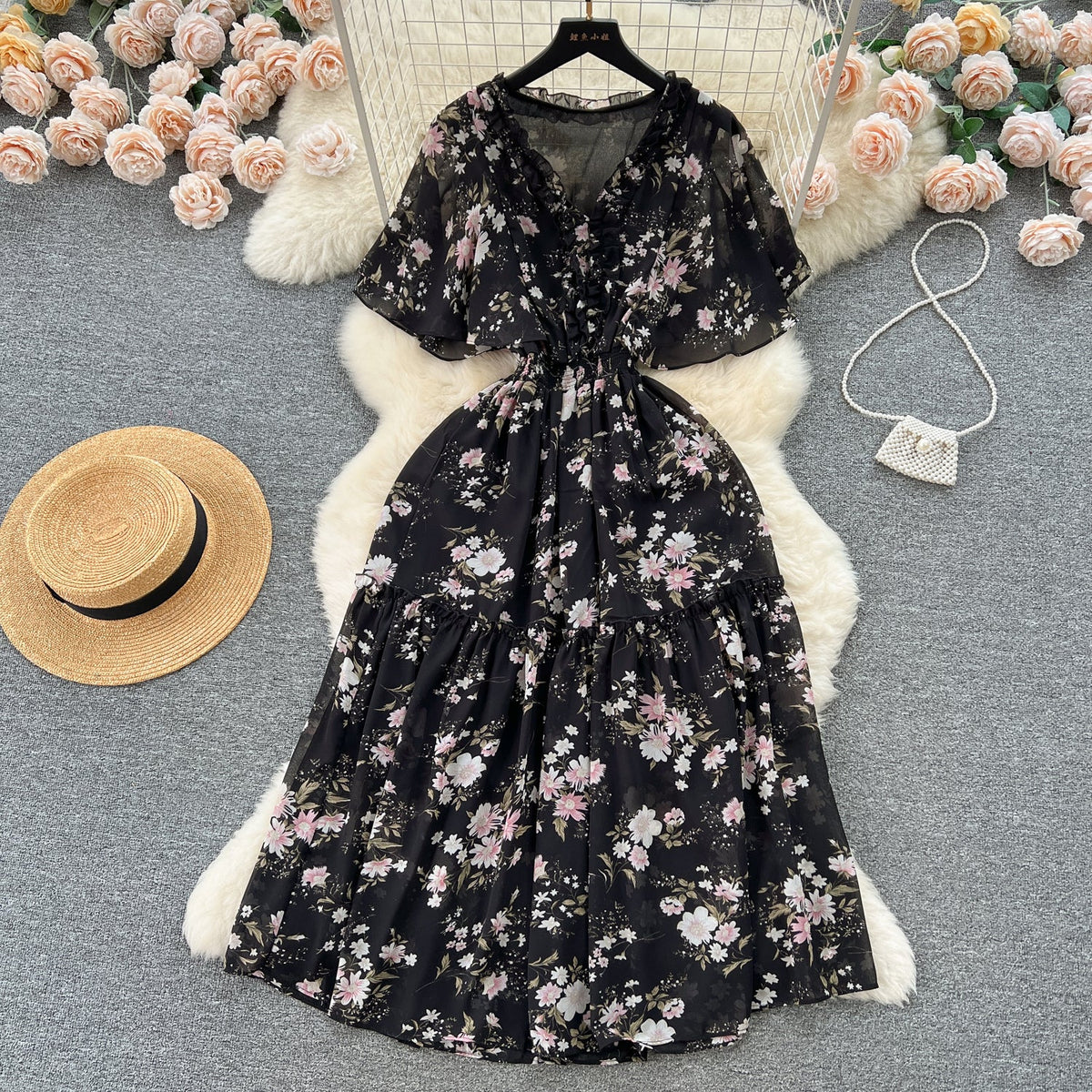 Mori Flared Sleeve Floral Chiffon Dress