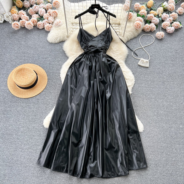 Floral Choker PU Pleated Slip Dress