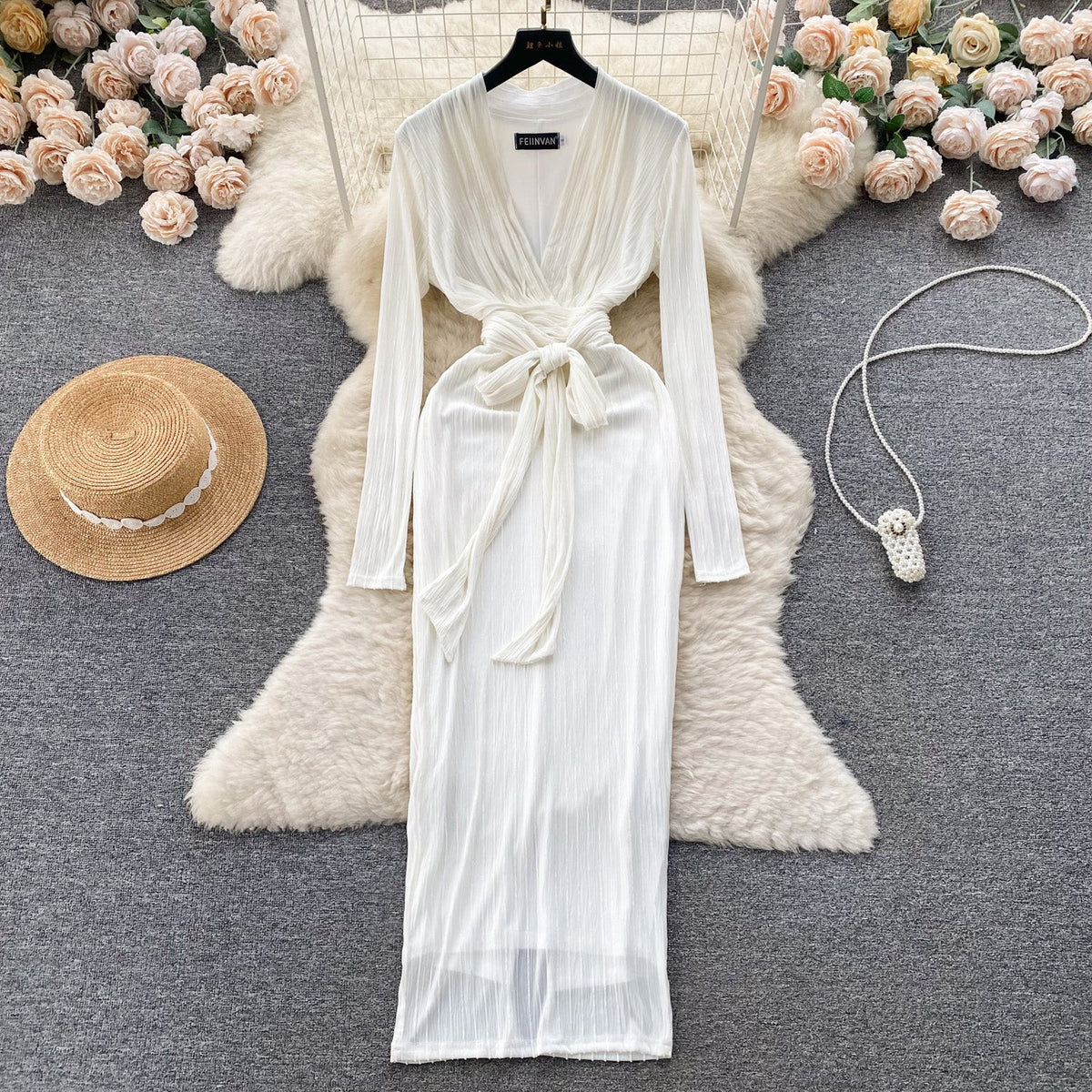V-neck Solid Color Lace-up Dress