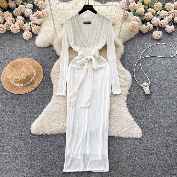 V-neck Solid Color Lace-up Dress