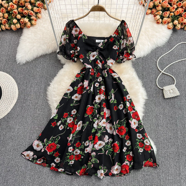 Waist-slimming V-neck Floral Chiffon Dress
