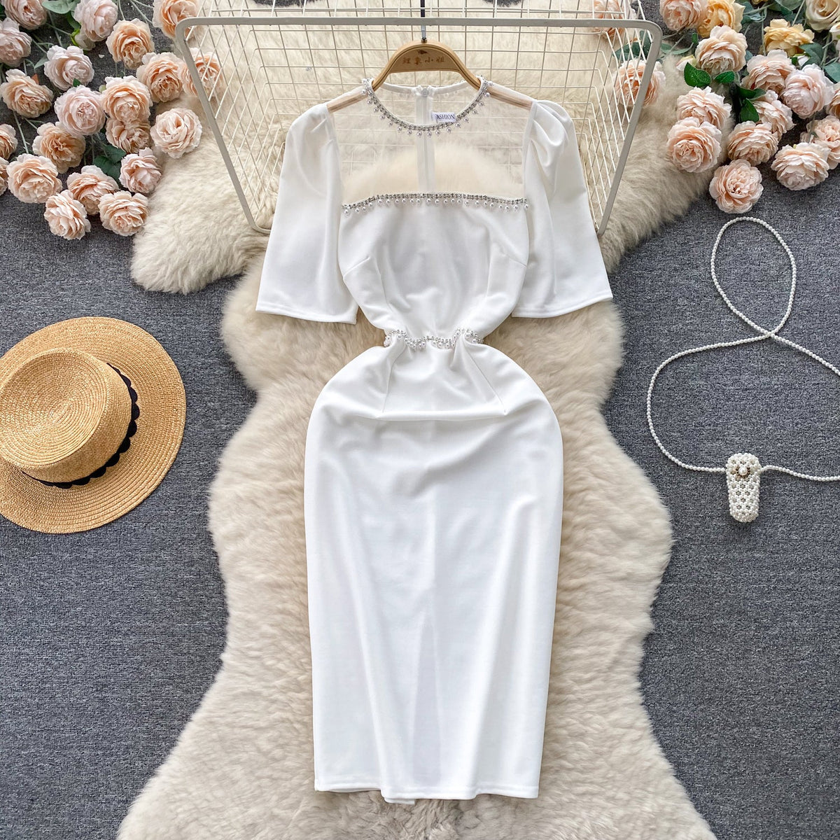 Beaded Mesh Patchwork Slim-fit Dress