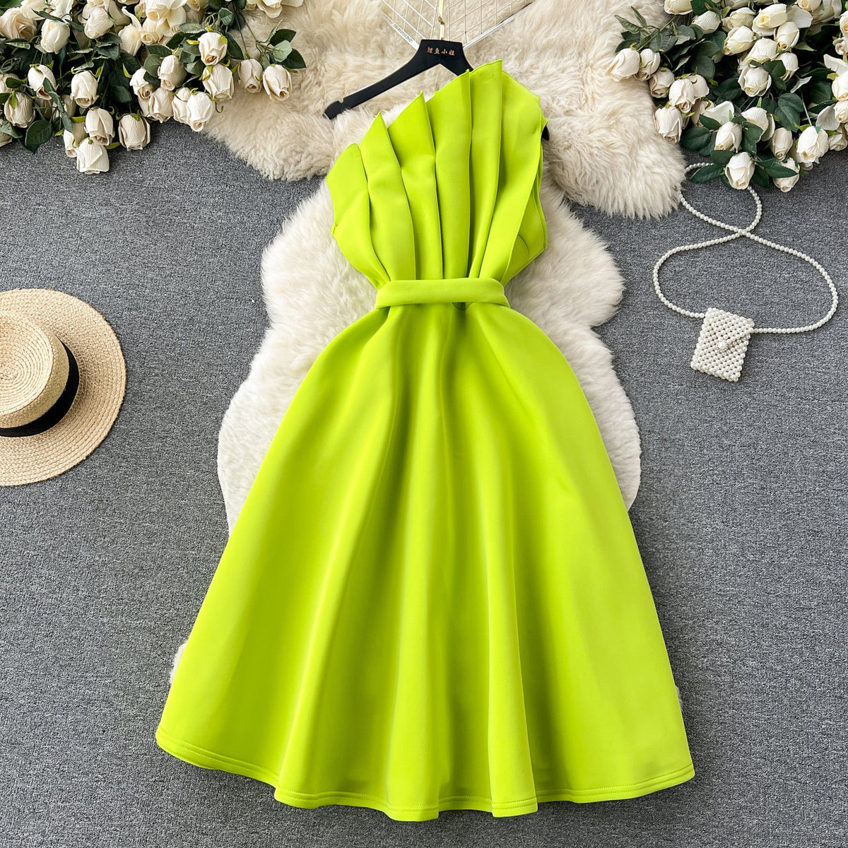 3d Petal Pleated Off-shoulder Dress