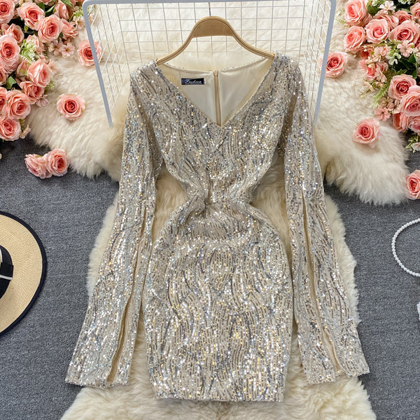 Sequin V-neck Hip-wrapping Dress