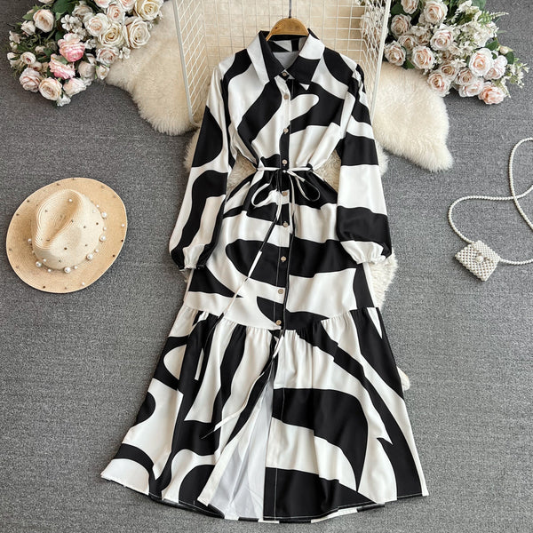 Elegant Tie-dye Printed Shirt Dress