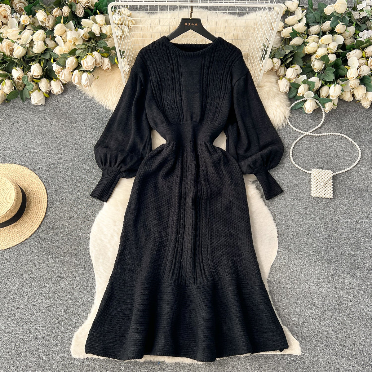 Round Collar Puffy Sleeve Knitted Dress