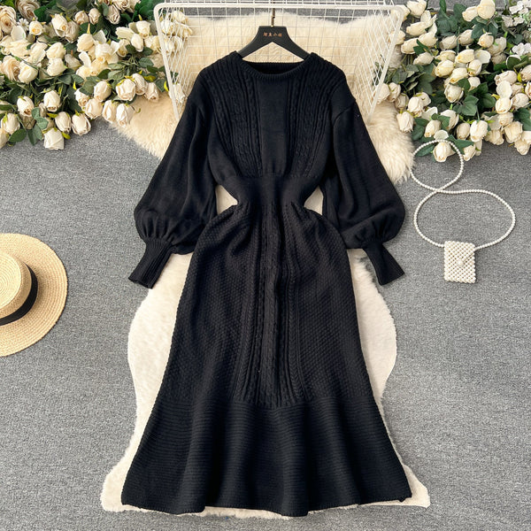 Round Collar Puffy Sleeve Knitted Dress