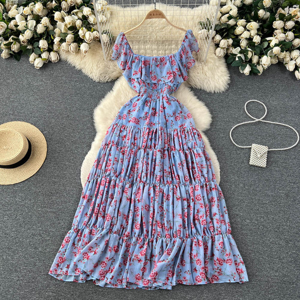 French Style Pleated Floral Dress