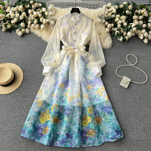 Stand Collar Lace-up Floral Shirt Dress
