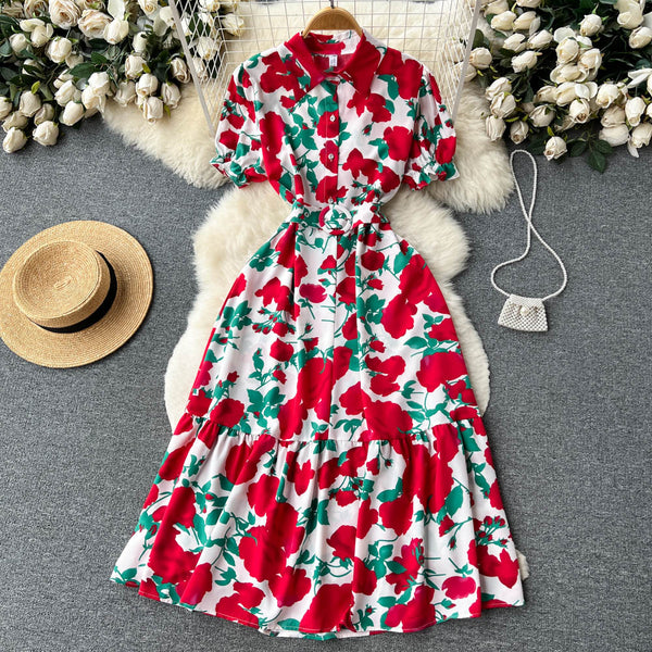 Vintage Lapeled Big Floral Shirt Dress