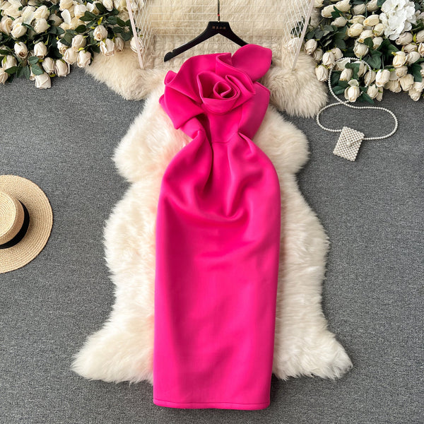 Solid Color 3d Flower Party Dress