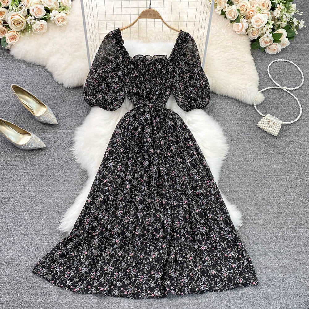 Square Collar Floral Chiffon Dress