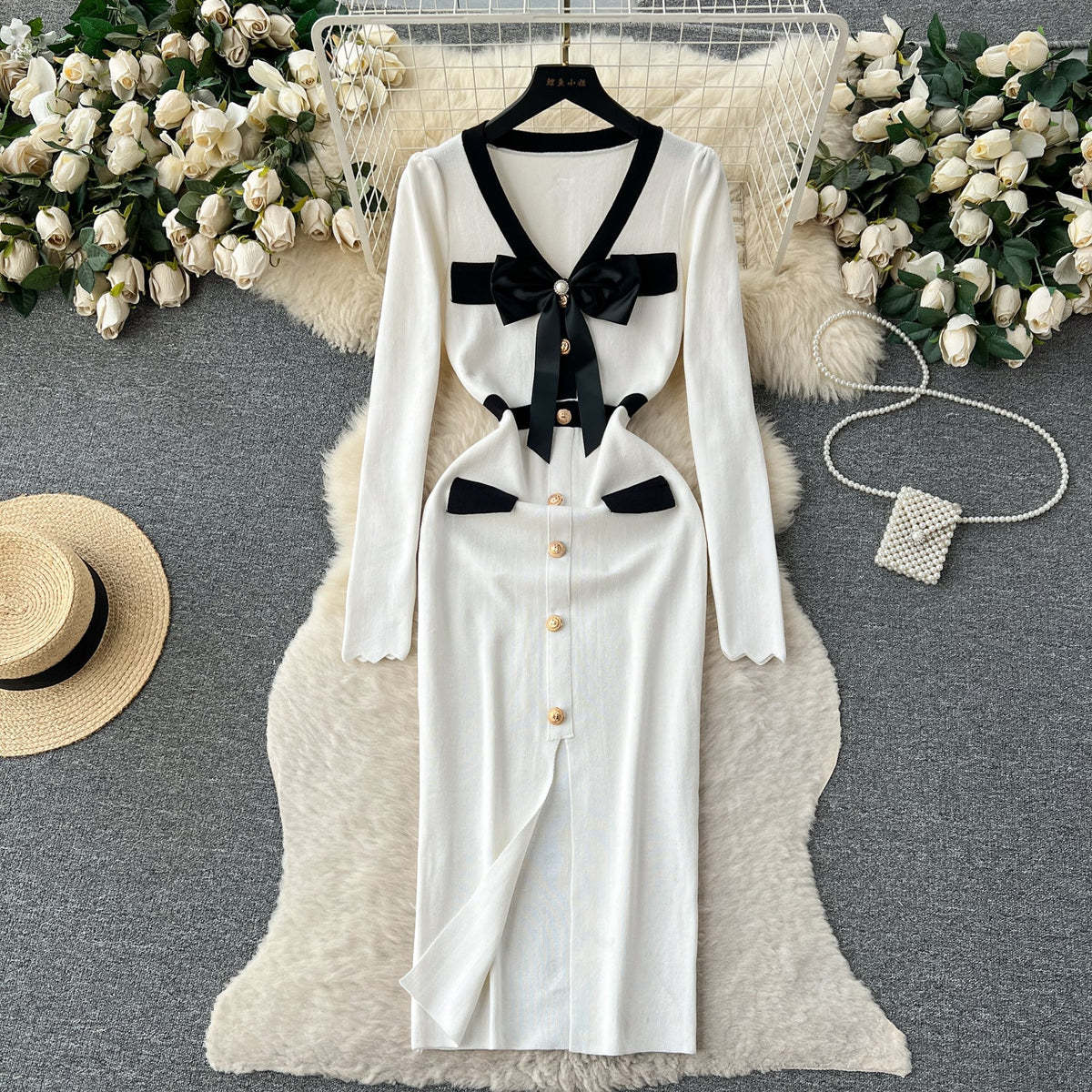 Color Blocking Bow-tie Knitted Dress