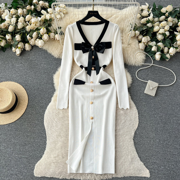 Color Blocking Bow-tie Knitted Dress