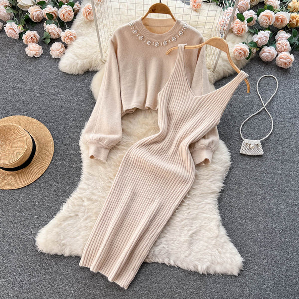 Vintage Beaded Jersey&V-neck Halter Dress