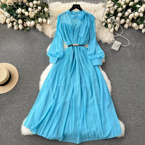 Bow-tie Pleated Chiffon Maxi Dress