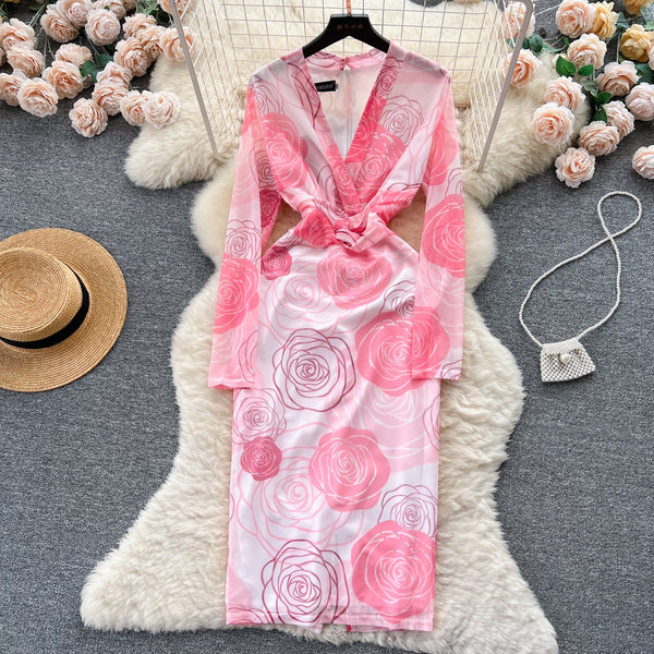 Vintage V-neck Long-sleeve Floral Dress