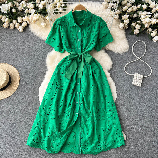 Lapeled Puff Sleeve Hollowed Dress