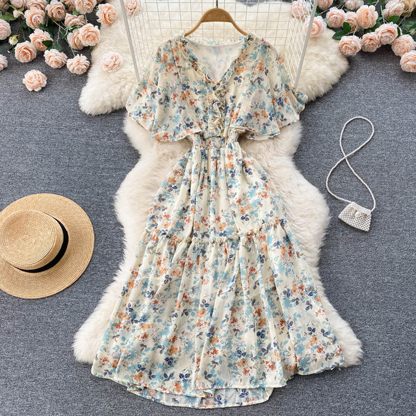 Vintage Pleated Short Sleeve Floral Dress