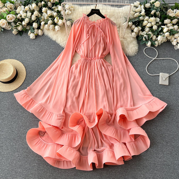 V-neck Lace-up Flared Sleeve Dress