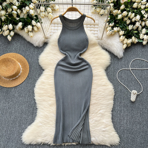 Elastic Solid Color Knitted Halter Dress