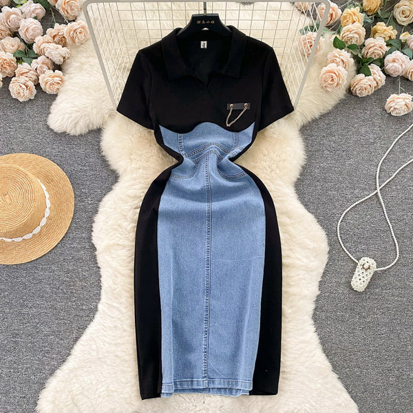 Faux Two-pieces Denim Patchwork Dress