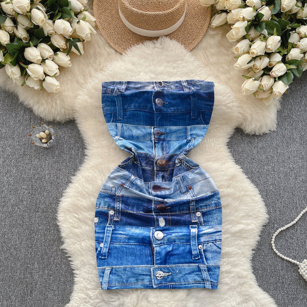 Niche Strapless Denim Printed Dress