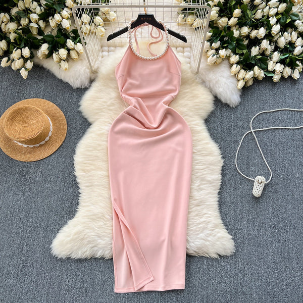 Simple Design Beaded Halter Dress