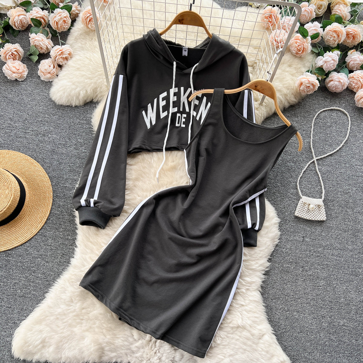 Letter Printed Hoodie&Halter Dress 2Pcs