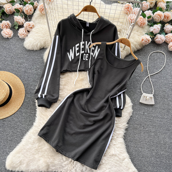 Letter Printed Hoodie&Halter Dress 2Pcs