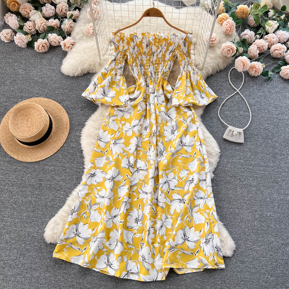 Off-shoulder Flared Sleeve Floral Dress