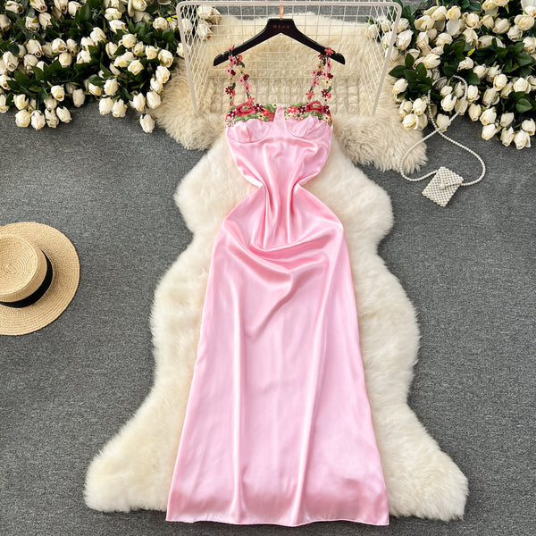 Embroidered Flower Satin Slip Dress