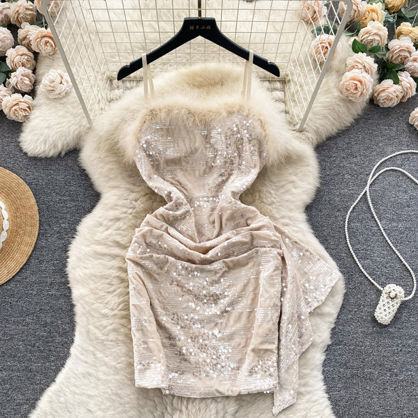 Furry Neckline Sequined Slip Dress