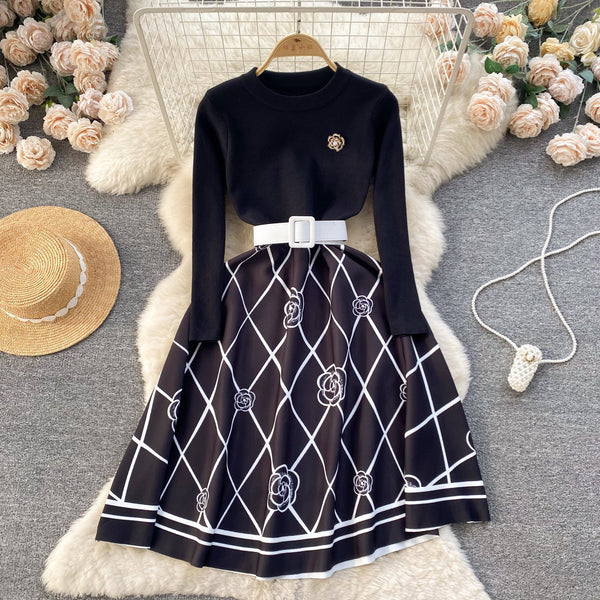 Faux Two-pieces Rhomboid Printed Dress