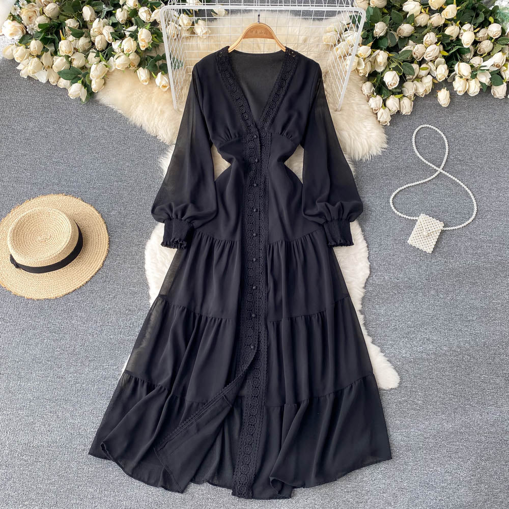Courtly Lace Trim Single-breasted Dress