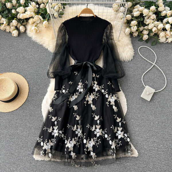 Embroidered Mesh Lace-up Black Dress