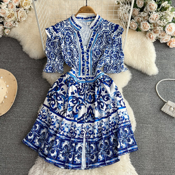 Ethnic V-neck Celadon Printed Shirt Dress