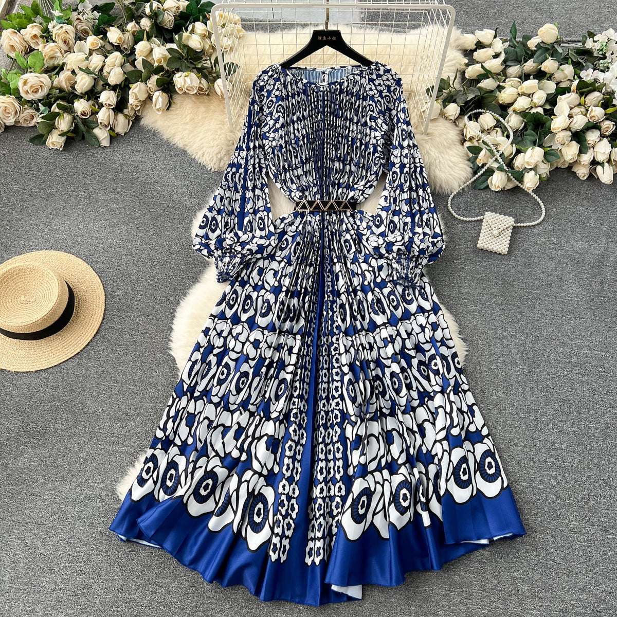 Floral Printed High-waist Pleated Dress
